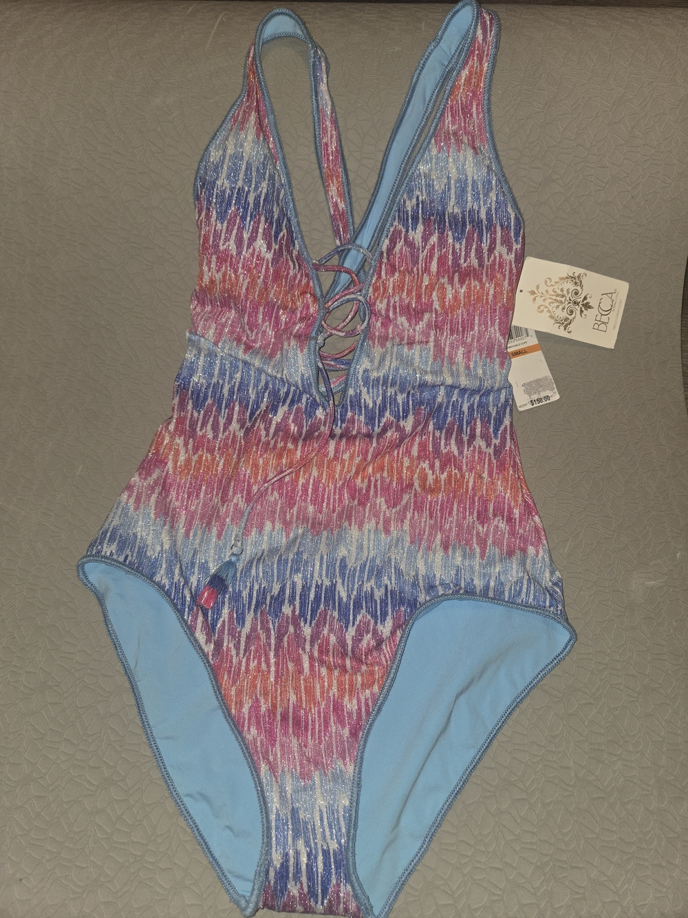 BECCA Brand Tie-Front One-Piece Swimsuit in Blue, Pink & White Size SMALL NWT - Picture 2 of 3